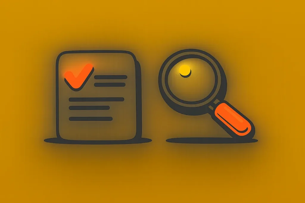 Förstoringsglas och dokument med checkmark som visar verifiering av MGA-licensstatus i det officiella registret