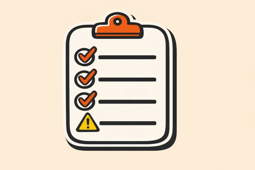 Clipboard med checkmarks och warning-glyf som visar varningssignaler-checklista för nya sajter